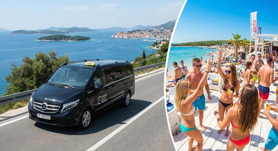 collage showing an Adriatic Coast Transfers taxi van driving on a scenic coastal road towards Split, alongside a vibrant beach party scene at Zrće Beach in Novalja.